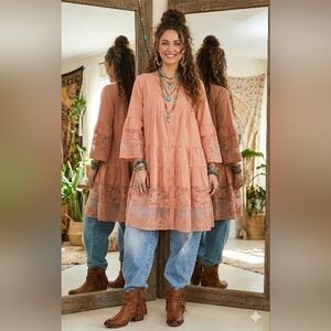 Boho Whimsical Coral Ruffle Lace Cottage Farm Lagenlook Artisy Tunic Top New